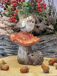 Podzimní dekorace-Ptáček s ježkem na mochomůrce